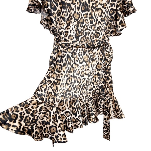 BB Dakota Womens Leopard Print Ruffle Wrap Mini Dress Flutter Sleeve Belted - Picture 10 of 16
